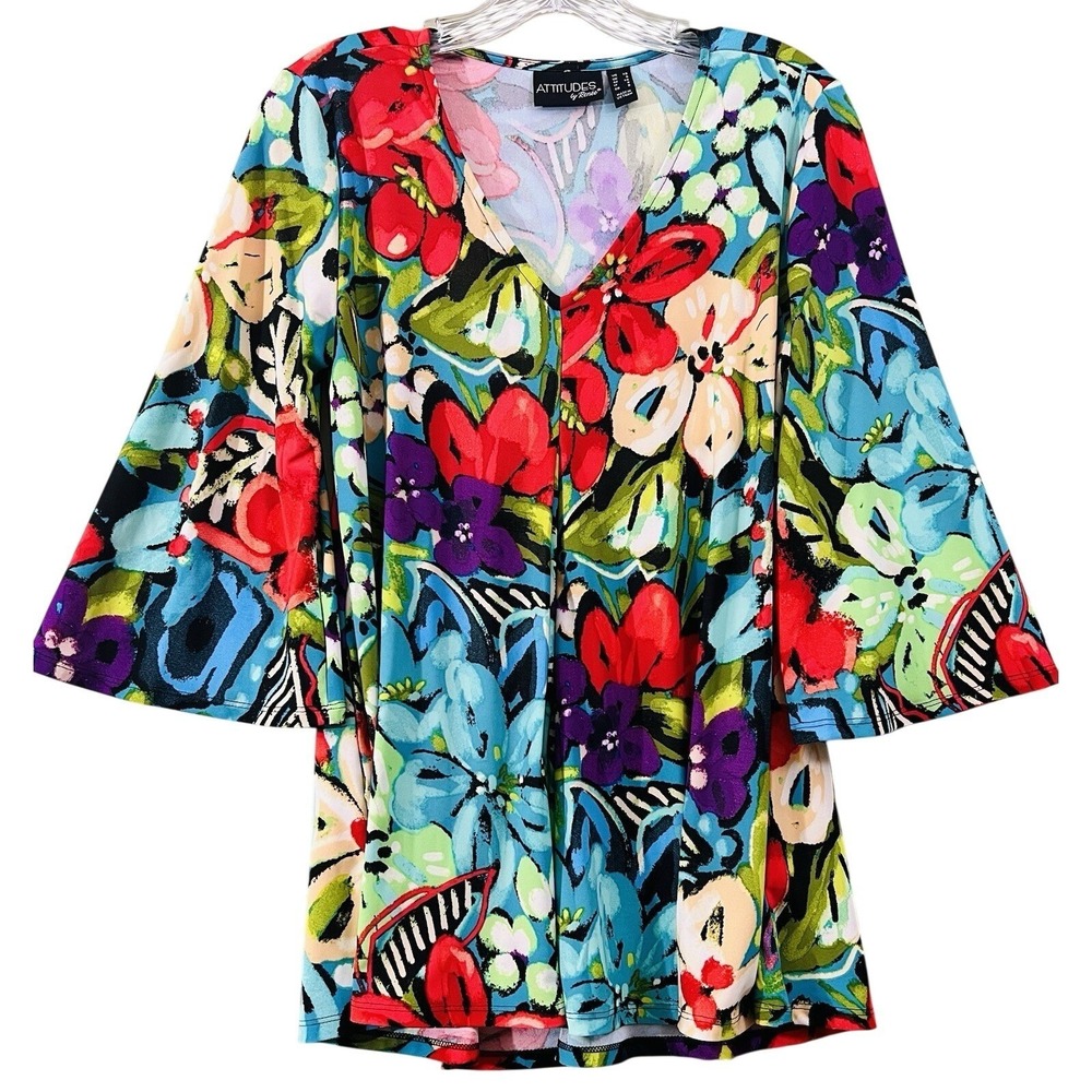 Attitudes by Renee 3/4 Sleeve Tunic Stretchy Flowy Top Women's XS Floral Print